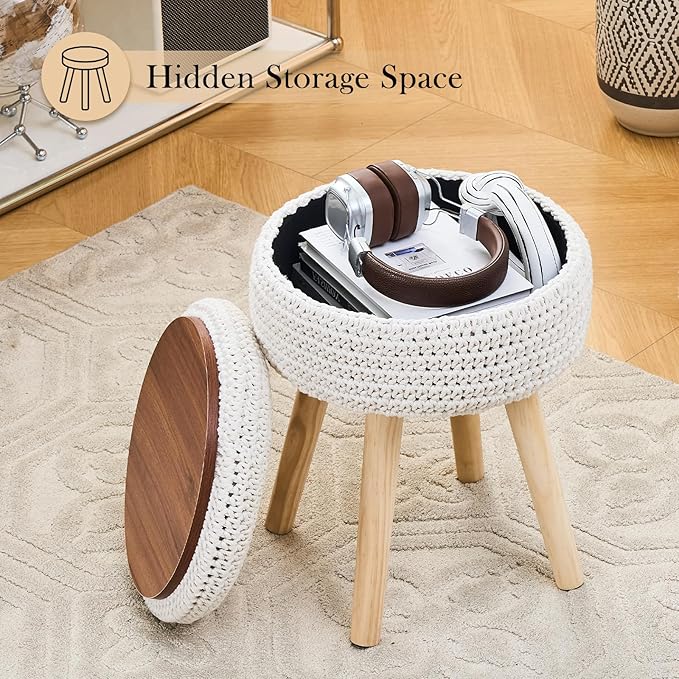 Round Foot Stool Ottoman with Storage Footrest with Wood Legs Cotton Knitted Vanity Stool Tray Top Coffee Table Multifunctional Upholstered Footstool for Living Room Bedroom White