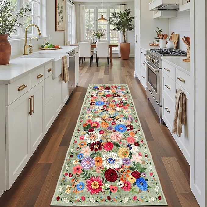 Rug for Hallways Kitchen Rug 2x8 Green, Non Slip Washable Rugs with Rubber Backing Soft Floral Carpet Runner for Hallways, Kitchen, Laundry, Bedroom, Bathroom (2 x 8, Green Garden)