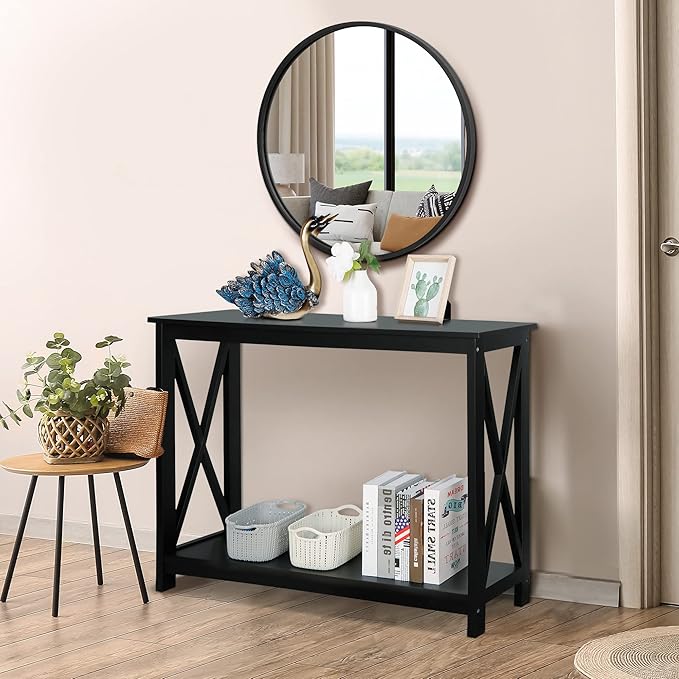 SUPER DEAL Console Table 39.5”, 2-Tier Narrow Sofa Side Table with Storage Shelf, Entrance Table for Hallway/Foyer/Living Room/Corridor/Office, Black
