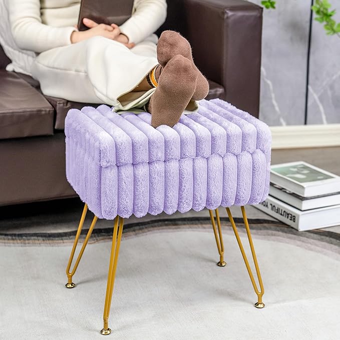 Faux Fur Vanity Stool Chair with Storage Ottoman, Vanity Chair for Makeup Room, Vanity Stools for Bedroom, Footrest with Metal Legs and as a Coffee Table, Purple