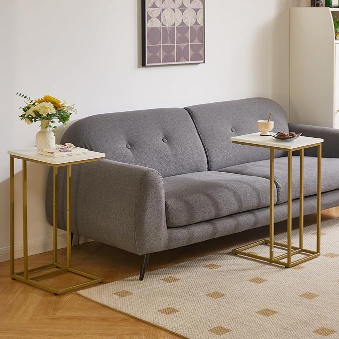 Small Side Tables C Shaped, End Table, Small Table Stand for Living Room Bedroom, Little Bedside Table 16x12x25 inch White+Gold YD-TM051WG-2