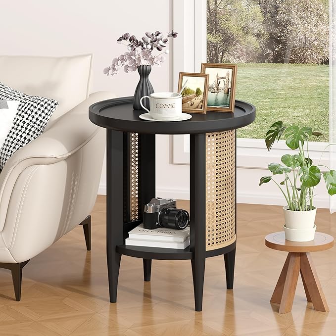 Yusong Round End Table Rattan Style Side Table with Solid Wood Legs, Boho Style Nightstand Bedside Table with 2-Tier Shelves, Small Coffee Table for Living Room Bedroom Small Spaces Black