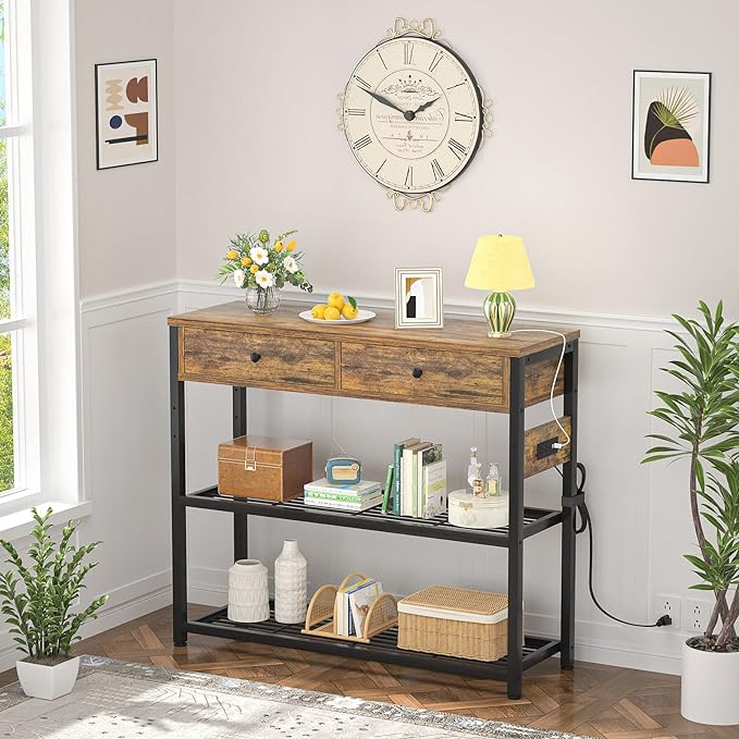 Ecoprsio Entryway Table with Outlets and USB Ports, Console Table with 2 Drawers, Small Sofa Table with Storage Shelves for Living Room, Couch, Hallway, Foyer, Kitchen Counter, 32'', Rustic