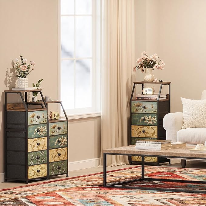 Tohomeor Dresser with Fabric Drawers Nightstand with 2 Tier Shelf Storage Tower for Bedroom Hallway Entryway Closet Organizer Sofa Beside Table Furniture (Multi, 4 Drawers)