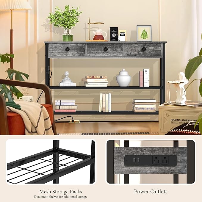 GRLEAF 47" Console Table with Outlets & USB Ports – Narrow Entryway Table with 3 Drawers and Storage Shelves, Power Strip Sofa Table for Living Room, Hallway, Kitchen, Foyer – Grey Wood Finish