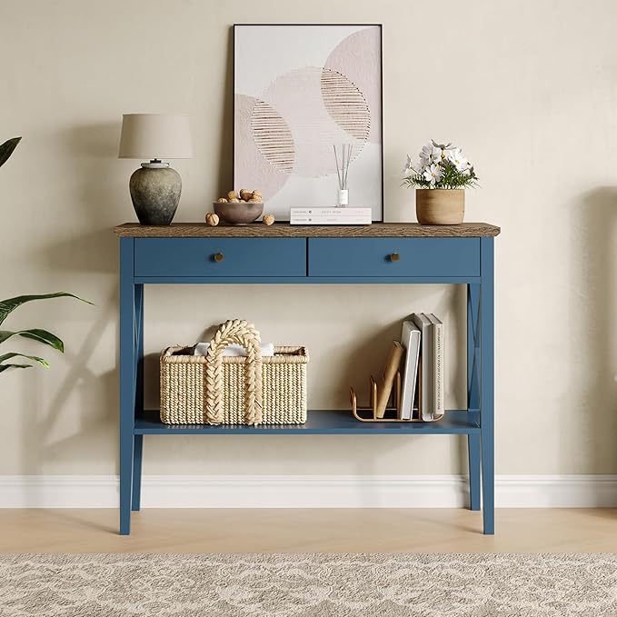 ChooChoo Console Table with Drawers, Narrow Wood Accent Sofa Table Entryway Table with Storage Shelf for Entryway, Front Hall, Hallway, Living Room, Blue