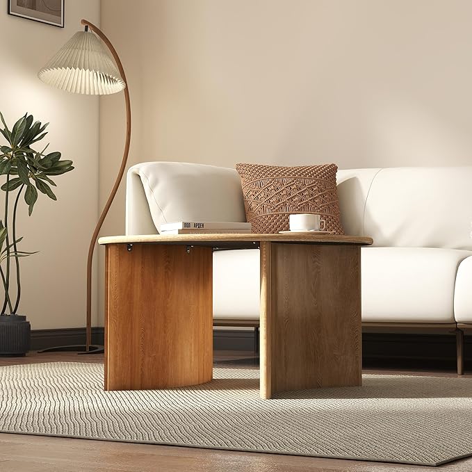 31.5" Mid Century Modern Coffee Table for Living Room, Round Table with Rubber Legs, Small Unique Cocktail Tea Table for Living Room Bedroom Apartment Small Space, Nutural