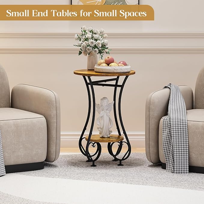 Side Table,Small Round End Table with Lower Shelf for Small Spaces,Round Bedside Nightstand Table with Metal Frame,Couch Sofa Coffee Tea Table,Retro Accent Drink Table for Living Room Bedroom Balcony
