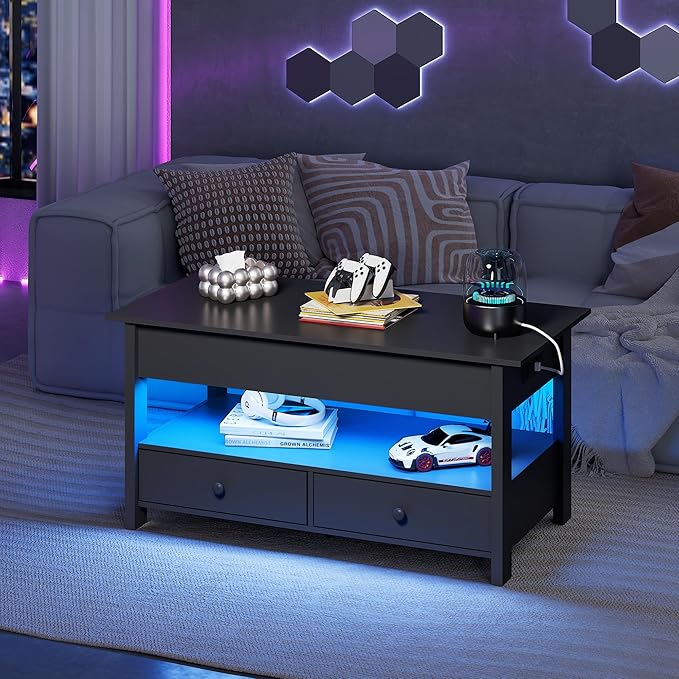 WLIVE Coffee Table, Lift Top Coffee Table with 2 Drawers, LED Light, Large Hidden Compartment and Open Shelf, Lift Tabletop, Dining Table for Living Room, Black