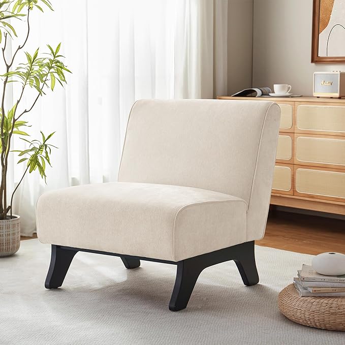 Upholstered Armless Accent Chair,Modern Comfy Living Room Chairs with Wooden Legs& Pillows,Lounge Sofa Side Chair for Bedroom Farmhouse Reading (Beige, 1 PC)