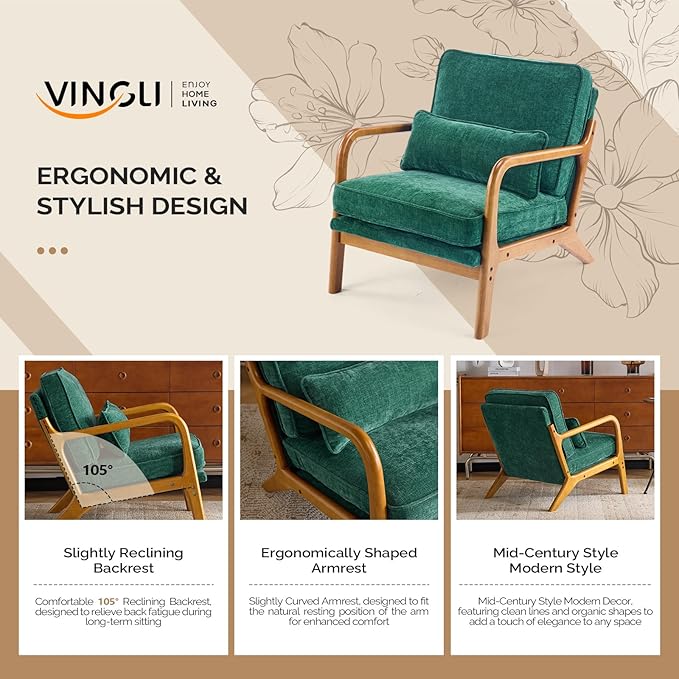 VINGLI Chenille Mid-Century Modern Accent Chair Set of 2, Cute Reading Arm Chair with Cushion & Lumbar Pillow & Solid Wood Frame for Lounge, Living Room, Reading Room, Bedroom, Forest-Green