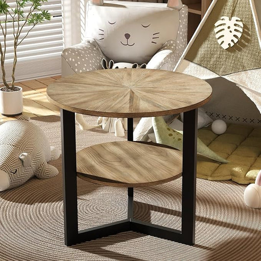 MODERION Round Large End Table with 2 tire Storage Shelf, 25.2” Solid Wood Sofa Side Table with Black Metal Frame, Beside Table for Living Room,Small Space Rustic Natural CJZ1338