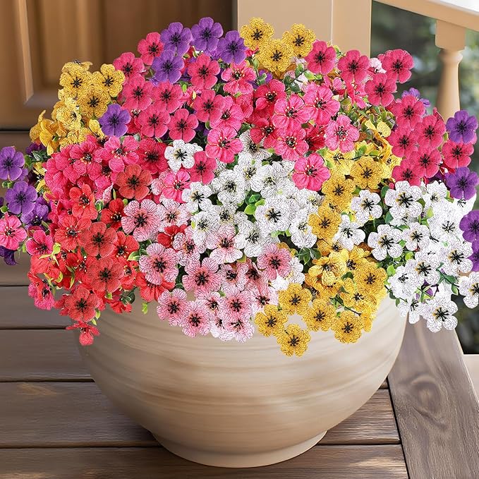 14 Bundles Artificial Flowers UV Resistant for Patio Outdoors Fake Faux Silk Plants Realistic Plastic Flowers Indoors Porch Window Decoration (14, Mixed Fuchsia Purple Yellow Red Lilac Pink White)