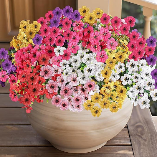 14 Bundles Artificial Flowers UV Resistant for Patio Outdoors Fake Faux Silk Plants Realistic Plastic Flowers Indoors Porch Window Decoration (14, Mixed Fuchsia Purple Yellow Red Lilac Pink White)