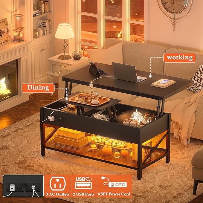Aheaplus Coffee Table Lift Top Multi-Function Coffee Table Converts to Dining Table, with LED Light and Power Outlet, Center Table with Shelves for Living Room Reception Home Office, Black
