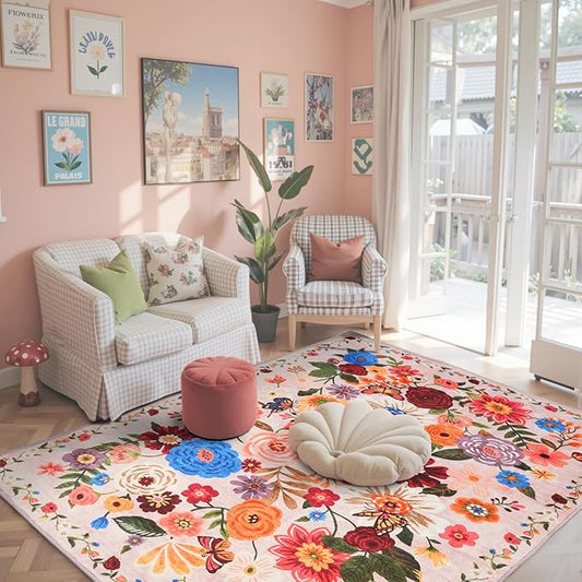 Area Rug 4x6 Rug Washable Boho Rugs Non Slip Low Pile Floral Small Carpet for Bedroom, Bedside, Kids Room, Office, Dining Room(Beige/Pink Garden, 4 x 6)