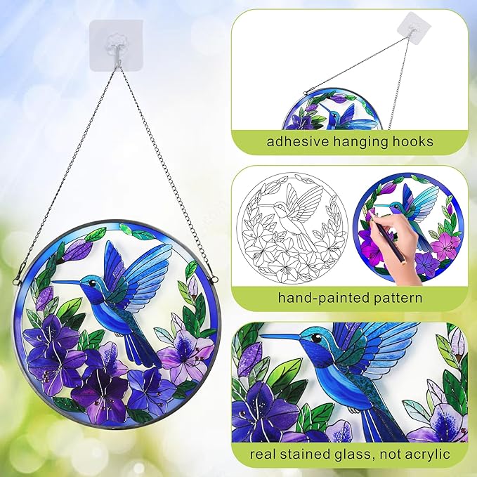 Stained Glass Sun Cather for Window Hanging, 6.3'' Hummingbird Suncatcher with Flowers for Indoor Ornament, Bird Stain Glass Home Decor for Women, Mother