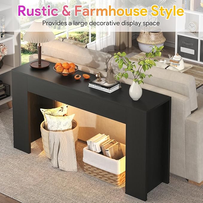 63-Inch Long Console Table with LED Light, Farmhouse Sofa Table Behind Couch, Wooden Console Table for Entryway Hallway Entrance Living Room, Black