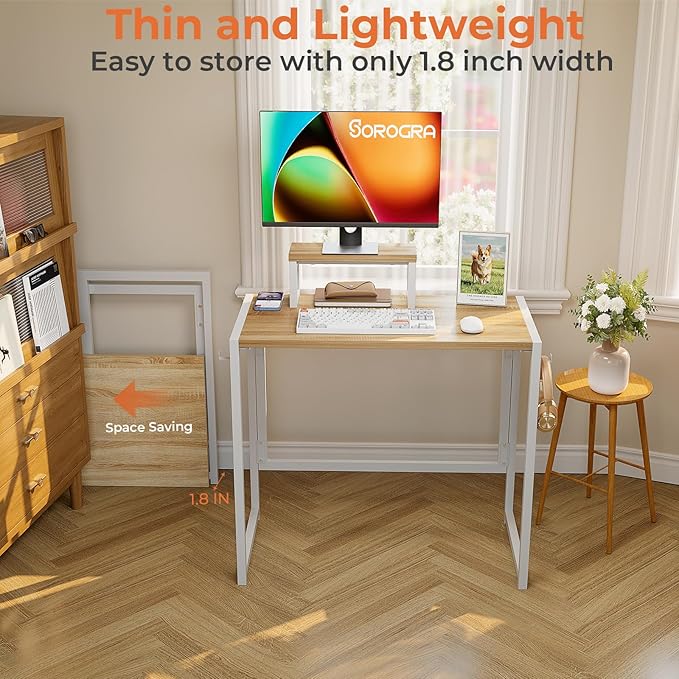 Folding Desk with Monitor Stand, 31.5 Inch Foldable Computer Desk with Hook, Sturdy Small Space Saving Writing Table for Home Office Dorm, Oak