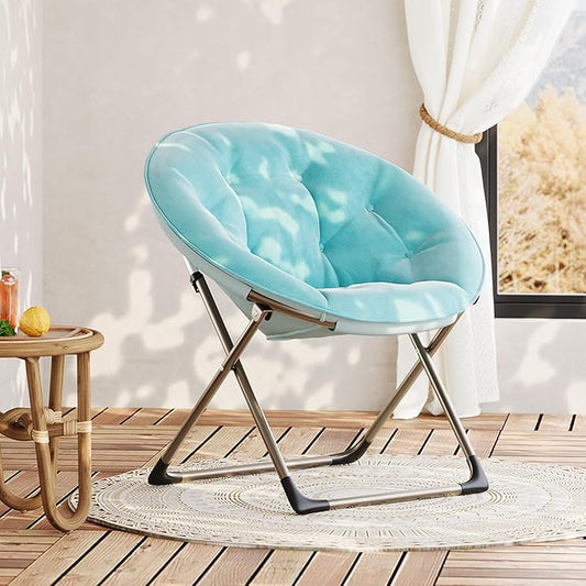 GarveeHome Comfy Oversized Saucer Chair – Soft Plush Fabric Reading Lounger for Adults, Stable X-Large Metal Frame Foldable Accent Lazy Chair for Bedroom, Living Room, Dorm, Office, Blue