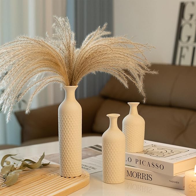 Small White Vases for Home Decor, Decorative Ceramic Vase Set, Matte Finish Honeycomb Texture, Modern Farmhouse Vases for Coffee Table, Bookshelf, Kitchen, Bathroom, Office Desk Decor