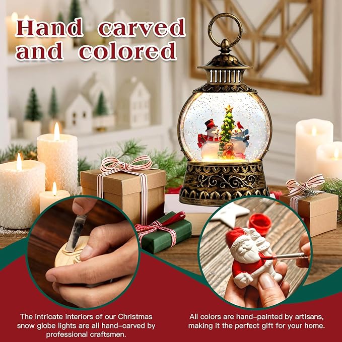 Christmas Snowman Snow Globe, Snowman Musical Snow Globe Lantern Lights with 6H Timer Battery & USB Powered, Retro Style Holiday Glitter Globe for Xmas Home Decoration Holiday Party Gifts