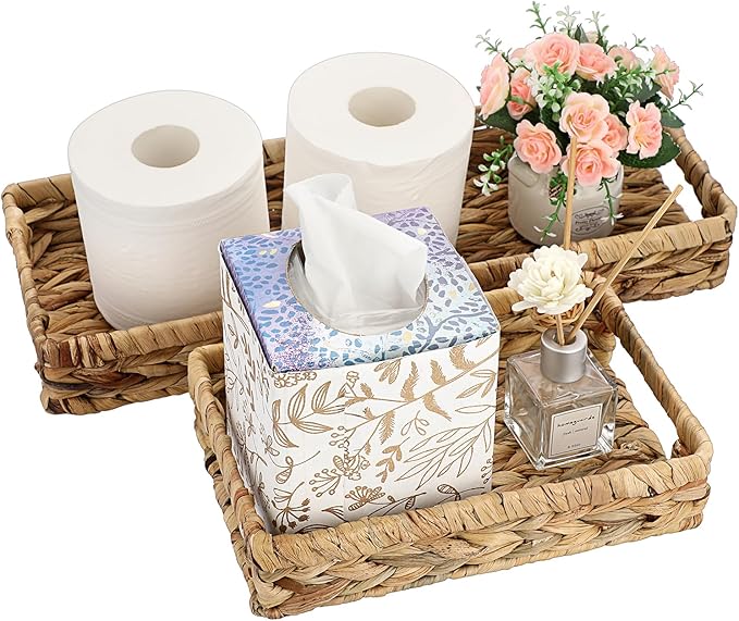 Sumnacon Bathroom Tray for Counter 16.9 Inch Water Hyacinth Bathroom Tray Over Toilet,Wicker Toilet Tank Tray Organizer Decorative Tray for Bathroom Toilet Vainty Kitchen Shelf Dining Table Desk