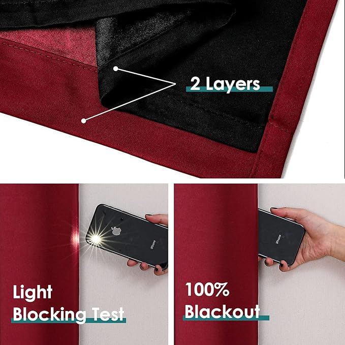ChrisDowa 100% Blackout Curtains 120 inch Long for Bedroom with Black Liner, 2 Thick Layers Total Blackout Thermal Insulated Grommet Long Window Curtains 2 Panels Set (Burgundy, 52 x 120 Inch)