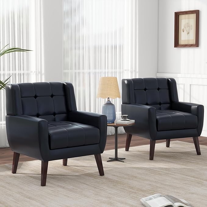 Pia Ricco 2 Pack Mid Century Modern Accent Chairs, Button Tufted Faux Leather Armchairs - Easy-Clean Matching Set for Living Room, Durable Sofa Chairs for Home Office & Lounge, Black