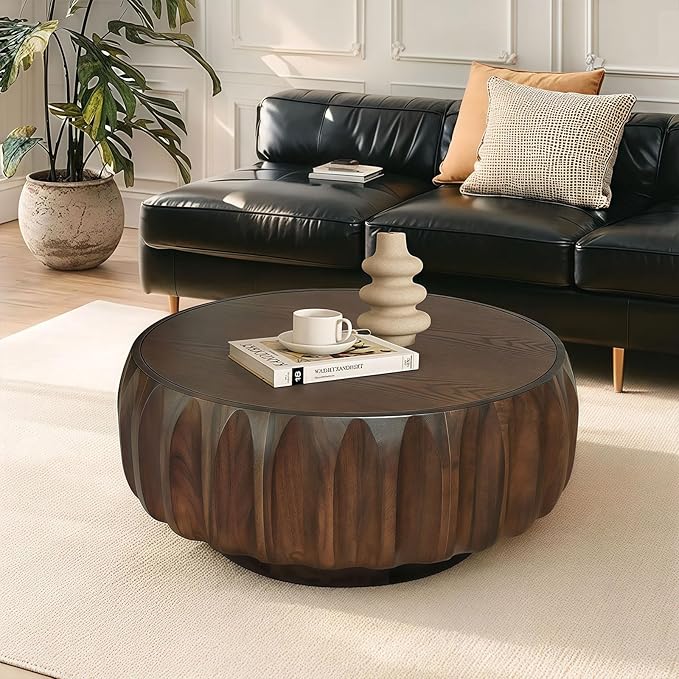 31.5" Walnut Round Solid Wood Carved Coffee Table with Elegant Sculptural Design, Modern Side Table for Living Room, Bedroom, Office