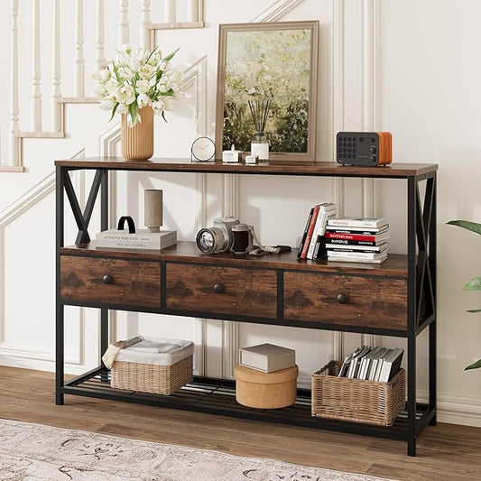 47'' Farmhouse Console Table with 3 Drawers and Open Shelf, Sofa Table Behind Couch for Entryway, Living Room, Hallway, Foyer, Rustic Brown, Durable and Wear-Resistant