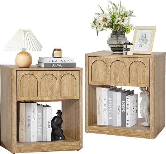 Nightstand Set of 2, 19.69" Wide Bedside Table with Arched Finish, Modern Night Stands with Curved Profile, Mid Century End Table for Bedroom Living Room (Natural-2 Packs)