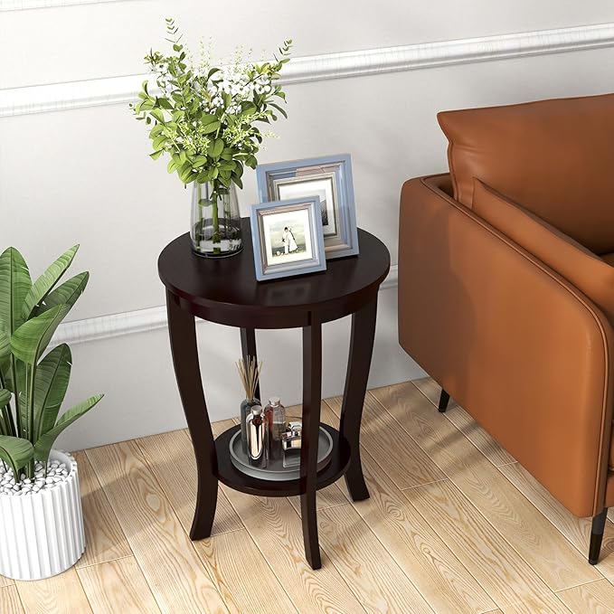 Giantex Round End Tables Set of 2, 2 Tier Side Table with Storage Shelf and Solid Wood Legs, 18" x 18" Accent Table for Corner Small Spaces, Compact Night Stand for Living Room Bedroom, Espresso