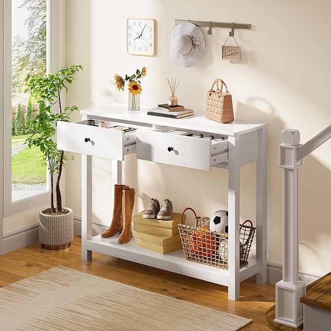 Gizoon Console Table with Drawers, Sofa Table with Storage Shelves, 2-Tier Wooden Entryway Table for Living Room, Kitchen, Hallway, Foyer, White