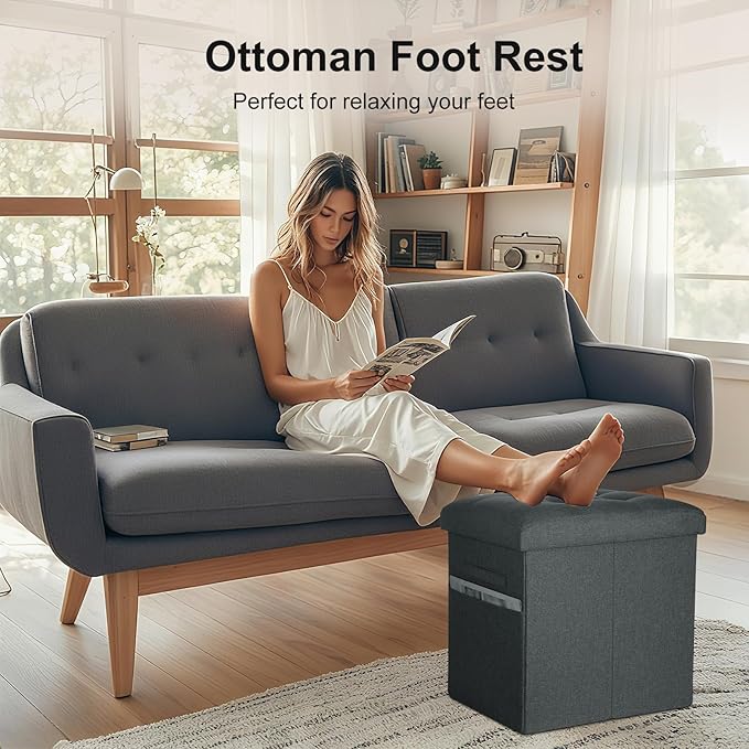 Small Ottoman with Storage, 61L Slim Tall Foldable Ottoman Foot Rest Stool with Thicker Foam Padded Seat. Linen Storage Bench for Bedroom Living Room, 300lbs Weight Support, 17x13x13IN, Gray Black