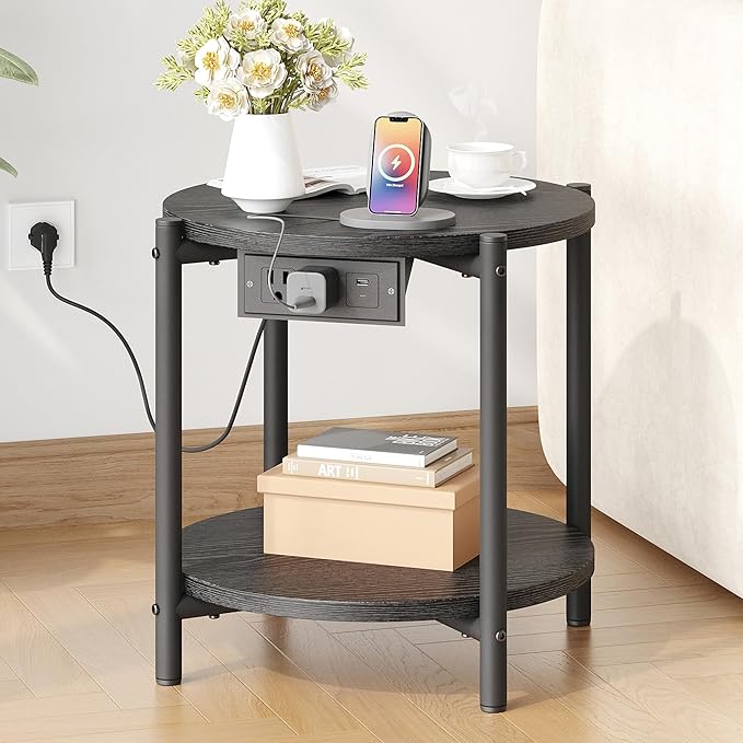 LIKIMIO 15.8" W Small Round Side Table with Charging Station, 2-Tier End Table with Lower Shelf, Wooden Nightstand for Small Spaces, Living Room, Bedroom, Black