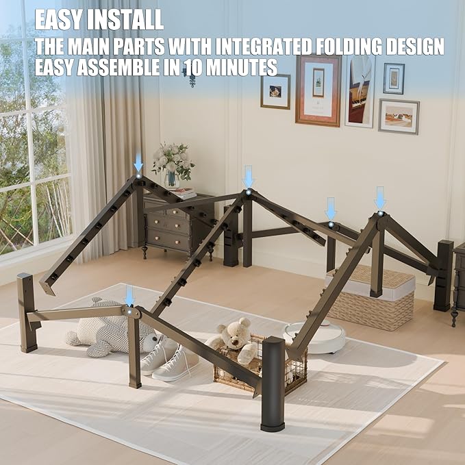 10 inch King Size Bed Frame with Round Corner Legs and Headboard Hole Mattress Slide Stopper Low Profile Heavy Duty Metal Platform,Steel Slat Support,No Box Spring Needed,Easy Assembly,Noise Free