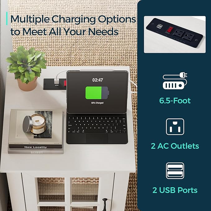 LINSY HOME End Table with Charging Station, Modern Side Table with Storage Cabinet and Adjustable Shelf, Small Sofa Table for Living Room, White