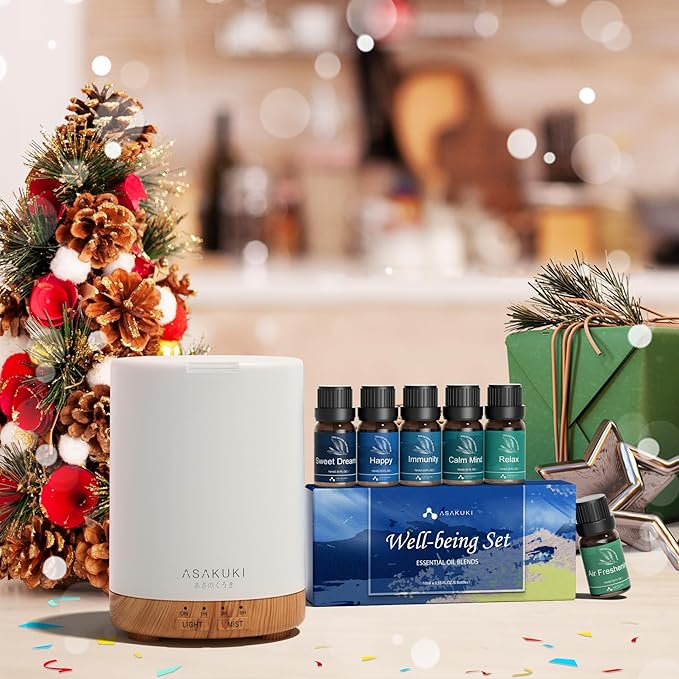 ASAKUKI Essential Oil Diffuser, Aromatherapy Cool Mist Home Humidifier with 7 LED Color Changing Light and Auto-Off Safety Switch, 6 Essential Oils Set, 300ml (Brown with Oils)