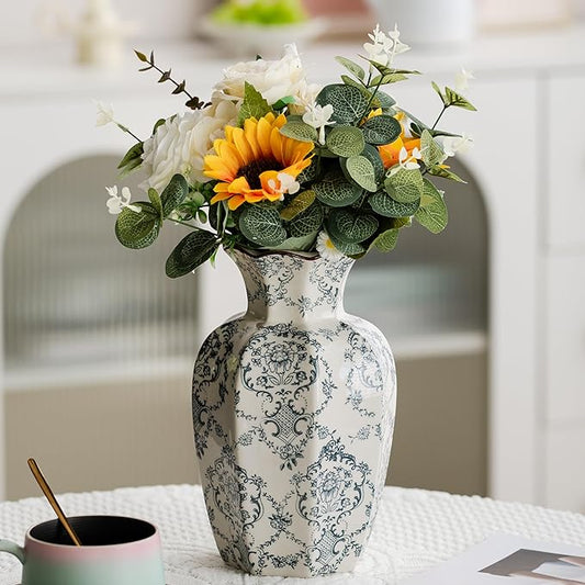 Blue and White Vase, Vintage Blue Ceramic Flower Vessel,Ceramic vases for Home Decor,Vintage Green and Beige for Console Table Mantle Chinoiserie Decor (Retro-03, Large)