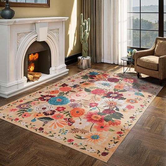 Floral Washable 6x9 Area Rugs, Soft Bedroom Rug for Living Room Ultra-Thin Non Slip Dining Room Rug, Stain Resistant Rugs Easy Clean Throw Carpet for Office(6 x 9, Yellow Garden)