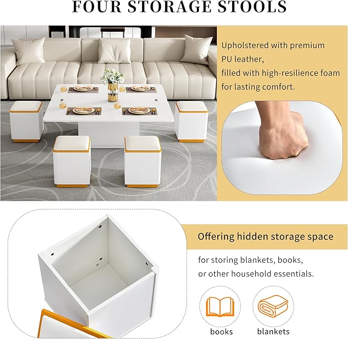 Lift Top Coffee Table with 4 Storage Stools and Foldable Top, Modern 47.2'' Rectangular Multi-Functional Adjustable Dining Table Task Table with Hidden Compartment for Living Room, White