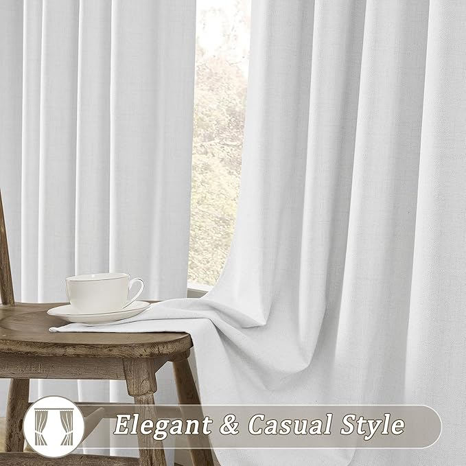 RAIN CITY Snow White Blackout Curtains 100 Inches Long Modern Rustic Textured Back Tab Grey Backing Window Hook Draperies for Bedroom Living Room 2 Panels 50 inch Wide 100 Length