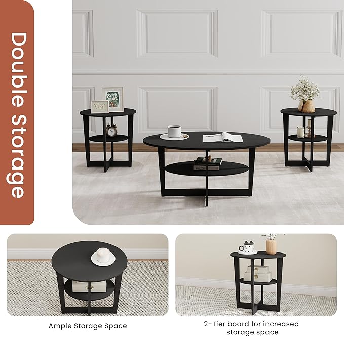 Living Room End Table Set of 2, Small Coffee Table, Wooden Side Tables with 2-Tier Open Storage for Small Spaces, Apartment Home Office, Black