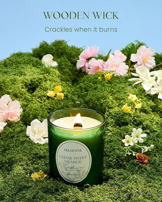 M&SENSE Cedarwood Orange Christmas Candle, Cracking Wooden Wick Soy Wax, 18oz 100 Hours Long Lasting Clean Burn, Large Fall Candles for Home Scented, Winter Holiday Aromatherapy Gifts for Women