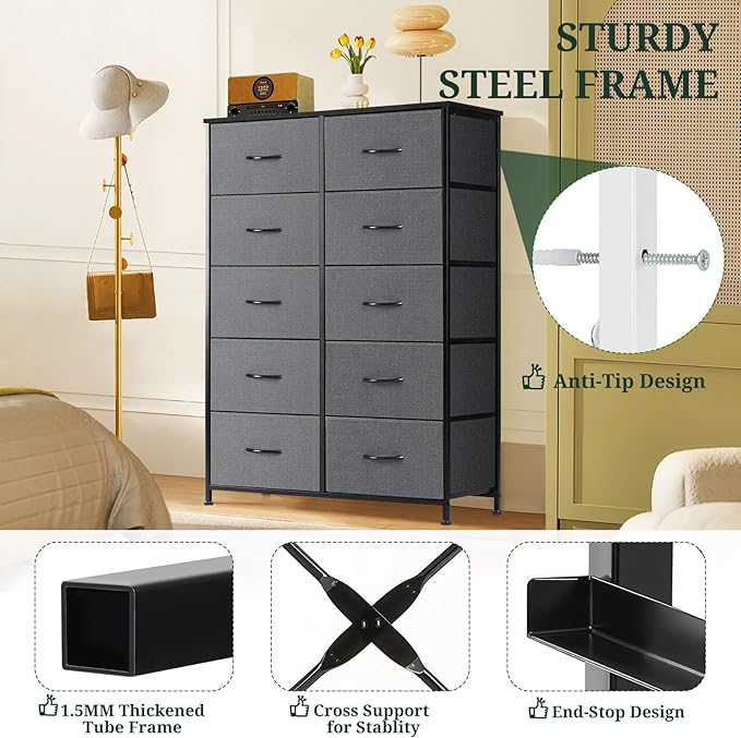 10-Drawer Dresser for Bedroom, Anti-Tip Tall Storage Organizer Chest of Drawers with Wooden Top and Metal Frame Fabric Bins for Closet, Living Room, Hallway, Entryway, Gray