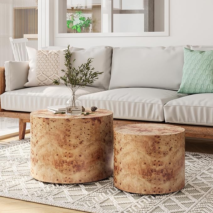 kevinplus Round Nesting Coffee Table, Farmhouse Small Coffee Table Modern Side Table End Table Set of 2 for Living Room Bedroom, No Assembly, Natural Burl