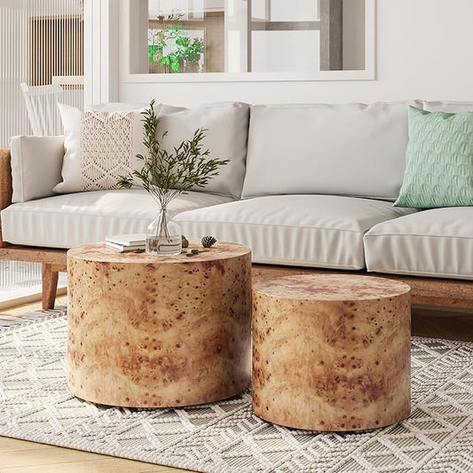 Nesting Coffee Table Set of 2 for Living Room, Modern Round Wooden Circle Accent Side Tables for Small Spaces, Bedroom, Balcony, Office, Natural Burl Finish (19"+15")