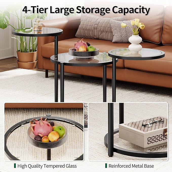 Round Glass Coffee Table - 4 Tier Coffee Tables for Living Room with Rotating Top, Circle Coffee Table with Storage, Modern Clear Center Table with Metal Frame for Small Space, Office, Black
