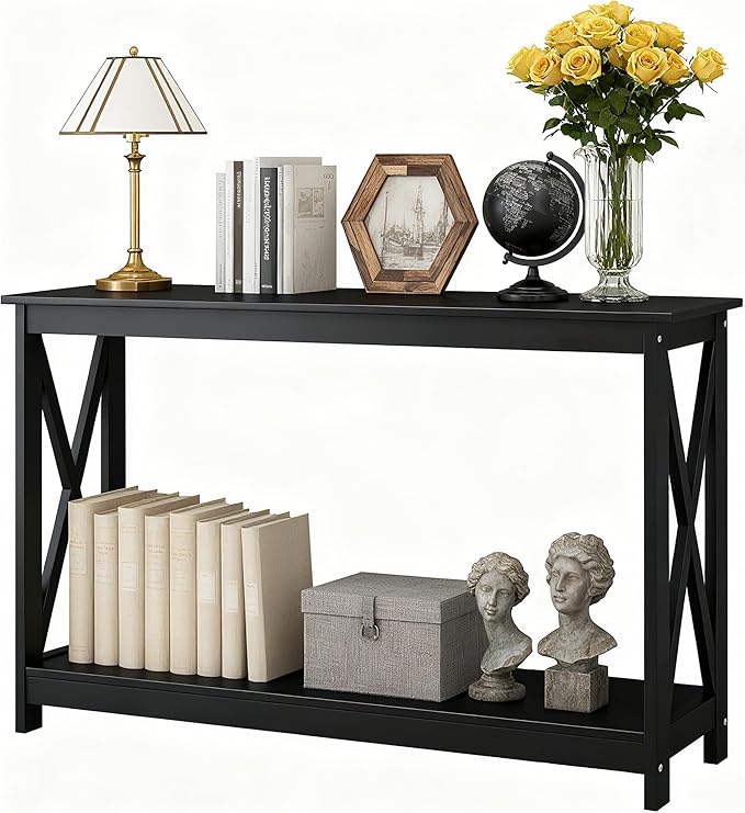 SUPER DEAL Console Table 47”, 2-Tier Narrow Sofa Side Table with Storage Shelf, Entrance Table for Hallway/Foyer/Living Room/Corridor/Office, Black